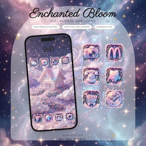 May include: A digital set of Enchanted Bloom 250+ floral app icons for Android and iOS, featuring a smartphone display with a pastel house wallpaper and various themed icons like a camera, telephone, shopping cart, and clock in a soft glow.