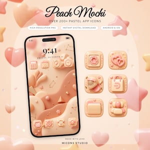 May include: A digital set of Peach Mochi pastel app icons featuring over 200 designs. The image displays a smartphone screen with a peach-colored interface, custom icons, and floating 3D hearts and stars. Text includes Peach Mochi, MICONS STUDIO.
