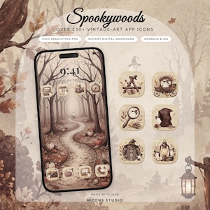 May include: A digital set of Spookywoods app icons featuring vintage-style illustrations of ghosts, pumpkins, and autumn forest scenes. The display shows a smartphone with a themed wallpaper and various square icons with brown and cream tones.