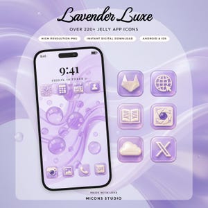 Könnte beinhalten: Ein digitales Set mit dem Titel Lavender Luxe mit über 220 Gelee-App-Symbolen in Violetttönen. Das Display zeigt ein Smartphone mit passendem lavendelfarbenen Blasen-Hintergrundbild, Uhr, Kalender und verschiedenen App-Symbolen sowie sechs Einzelicons.