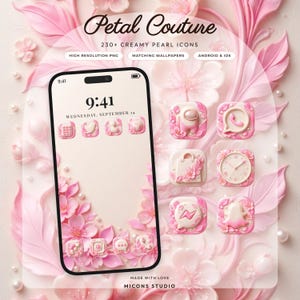 Może przedstawiać: Cyfrowy zestaw ikon zatytułowany Petal Couture zawierający ponad 230 kremowych perłowych ikon na Androida i iOS. Ekran pokazuje smartfon z różowym motywem kwiatowym, pasującymi tapetami oraz ikonami aplikacji PNG z motywami kwiatowymi.