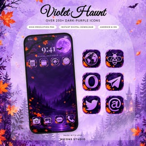 May include: A digital icon pack titled Violet Haunt featuring over 250 dark-purple icons for Android and iOS. The display shows a smartphone with a purple autumn forest wallpaper, a full moon, and various app icons with matching themes.