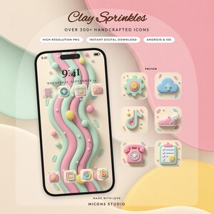 Puede incluir: Una pantalla de smartphone que muestra una interfaz de colores pastel con líneas onduladas e iconos 3D titulada Clay Sprinkles. La pantalla presenta más de 300 iconos hechos a mano, archivos PNG de alta resolución y Android e iOS.