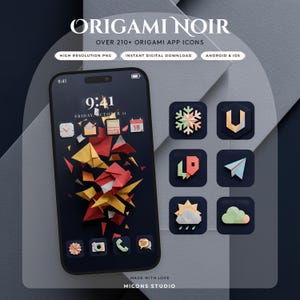 Könnte beinhalten: Eine digitale Produktanzeige mit dem Titel ORIGAMI NOIR, die über 210 Origami-App-Icons für Android und iOS enthält. Das Bild zeigt einen Smartphone-Bildschirm mit dunklem Hintergrund und roten sowie gelben Papierfaltformen, neben sechs einzelnen quadratischen App-Icons mit verschiedenen Papierfaltmotiven wie einer Schneeflocke, einem Papierflieger und einer Sonne.