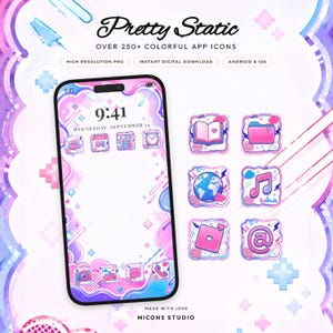 May include: A digital set of over 250 colorful app icons titled Pretty Static, featuring a smartphone display with a pink and blue cloud-themed interface, various custom icons for books, folders, music, and social media, and pixelated accents.