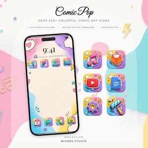 Peut inclure: Un smartphone affichant une interface sur le thème de la bande dessinée avec des icônes d'applications colorées, incluant le texte Comic Pop, OVER 250+ COLORFUL COMIC APP ICONS, HIGH RESOLUTION PNG, INSTANT DIGITAL DOWNLOAD, ANDROID & IOS, MADE WITH LOVE, MICONS STUDIO.