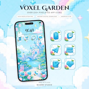 May include: A digital collection titled Voxel Garden featuring over 220 pixelated app icons. The display shows a smartphone with a light blue castle wallpaper and matching blue icons, alongside six individual blue app icon examples.