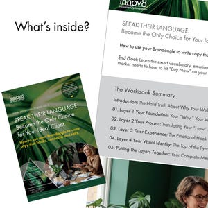 Op de afbeelding: Een digitaal werkboek getiteld Speak Their Language: Become the Only Choice for Your Ideal Client, met een groene bladeren achtergrond en een samenvatting van vijf lagen, waaronder fundament, proces, ervaring, visuele identiteit en matrix.