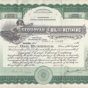 May include: A vintage green and white stock certificate for the Sequoyah Oil and Refining Company, dated June 25, 1920. The document features an illustration of a reclining figure, ornate borders, and text indicating ownership of one hundred shares.