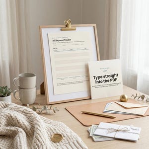 Op de afbeelding: Een lichthouten klembord met een Bill Payment Tracker document, een klein kaartje met de tekst Type straight into the PDF, twee keramische mokken, een gouden pen, een lederen bureauonderlegger en witte enveloppen samengebonden met touw.