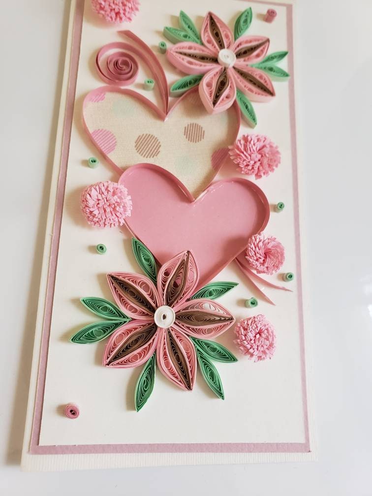 Double Pink Hearts Card Quilling Paper Art - MonkeyDragonPaper