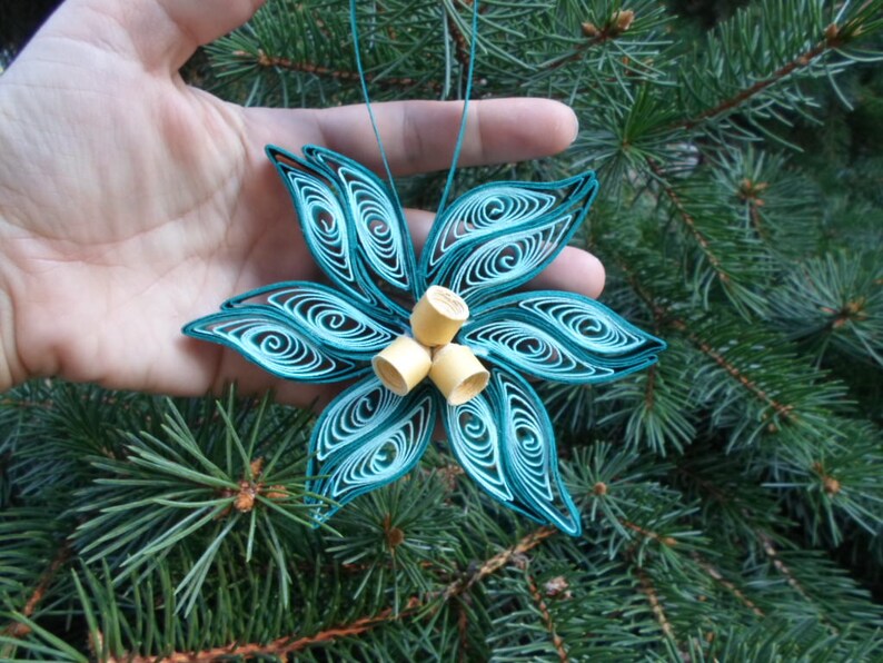 Teal Gold Flower Christmas Tree Ornament Paper Flower Ornament Etsy