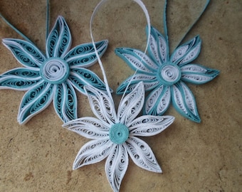 Blue Christmas tree ornaments White decorations Paper quilling Flowers ornaments Holidays decor