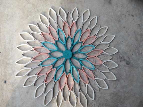 Handmade Dahlia Paper Wall Art: Teal, Coral, & Gray Ombré