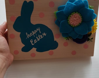 Easter Bunny wall hanging Blue felt flowers Easter gift for mom