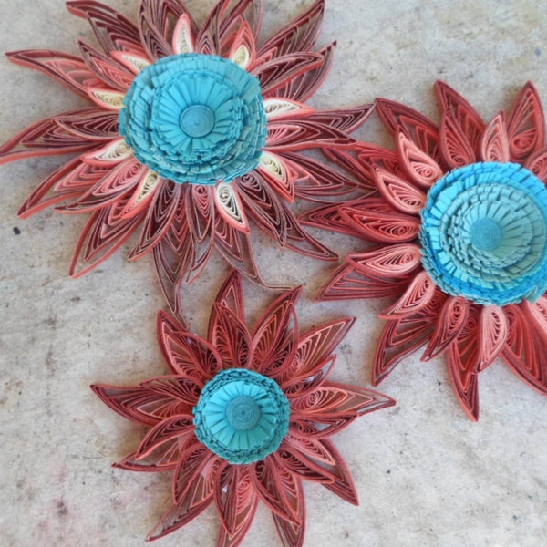 Flowers wall hangings ,set of three Paper wall art Coral Turquoise Home decor Paper art for walls Paper flowers