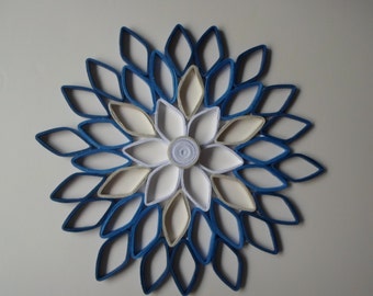 Navy home decor Paper dahlia wall hanging White navy blue paper wall art