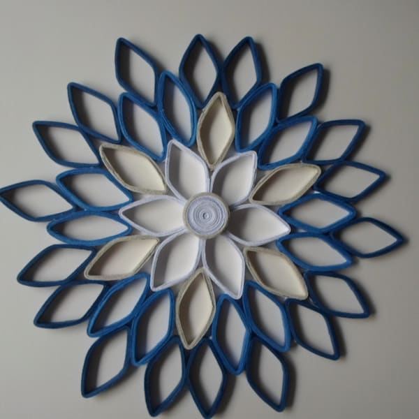 Navy home decor Paper dahlia wall hanging White navy blue paper wall art