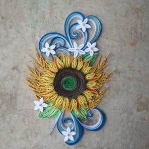 Sunflower wall art Summer Fall Autumn home decor Paper art Blue yellow home decor Quilling flowers Original artwork image 4