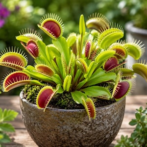May include: A Venus flytrap plant with vibrant green leaves and red-interior traps featuring spiky cilia edges, potted in a textured, speckled grey ceramic bowl filled with dark soil and moss, showcasing multiple open traps in various stages of growth.