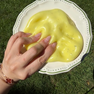 May include: A glossy, bright yellow slime with small dark speckles spread across its surface, resting on a white ceramic plate that features a delicate green scalloped edge and a dotted pattern along the rim, viewed from a top-down perspective.