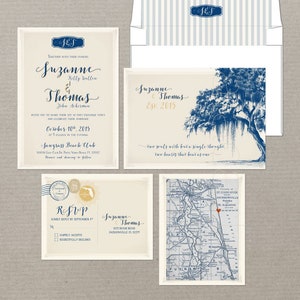 Bestemming huwelijksuitnodiging Vintage Florida Oak Tree met Spaans mos geïllustreerde huwelijksuitnodiging en RSVP-kaart - aanbetaling