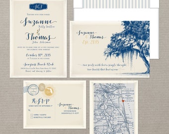 Destination wedding invitation Vintage Florida Oak Tree with Spanish Moss illustrated wedding invitation and RSVP card - Deposit payment