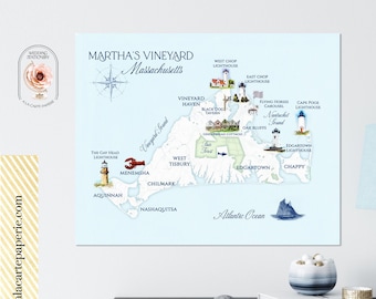 Martha's Vineyard MA Massachusetts illustrated map art print from an watercolor painting drawing