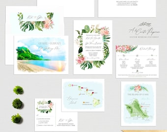 Oahu Hawaii Destination wedding invitation Hawaii Big Island Kailua Maui Lanai Watercolor Illustrated wedding invitation set Deposit Payment