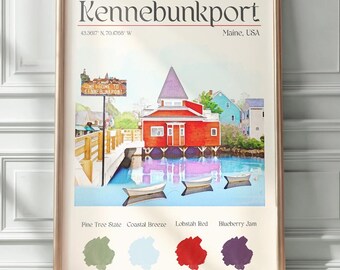 Colors of Kennebunkport Maine Coastal Print | Watercolor Painting Swatches Landscape Illustration US Travel Poster Wall Art Home Decor Gift