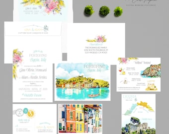 Portofino Liguria Italy Destination wedding invitation European watercolor Illustrated Wedding Invitation - Deposit Payment