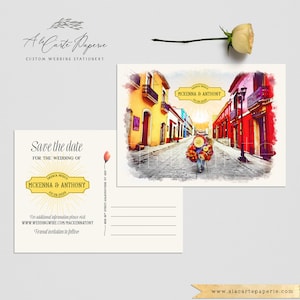 Hochzeit Hochzeit Mexico Oaxaca Save the date Postkarte Mexikanische illustrierte Aquarellzeichnung Blumenterracottaorange Anzahlung