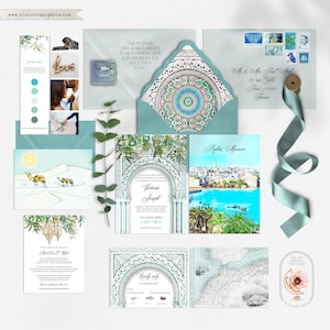 Morocco Rabat Weddings Watercolor Illustrated Destination Wedding Invitation Cards Set Teal Turquoise Blue Desert Camel  - Deposit Payment