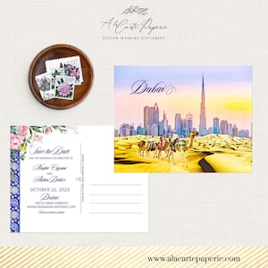 Dubái Emiratos Árabes Unidos Destino Guardar la fecha Postal Invitación de boda boda acuarela ilustrada -Pago de depósito