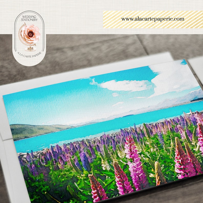 New Zealand Lake Tekapo Watercolor Illustrated Destination Wedding Invitation South Island Set Deposit Payment image 5