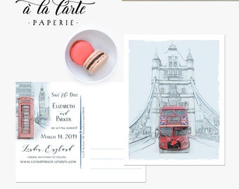 Destination wedding London England Great Britain UK Illustrated Save the Date invitation postcard watercolor landscape drawing - DEPOSIT