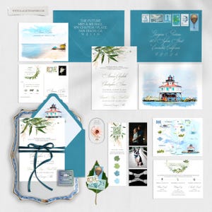 Ensemble de faire-part de mariage illustré à l'aquarelle côtière de la baie de Chesapeake, dans le Maryland, paiement de l'acompte