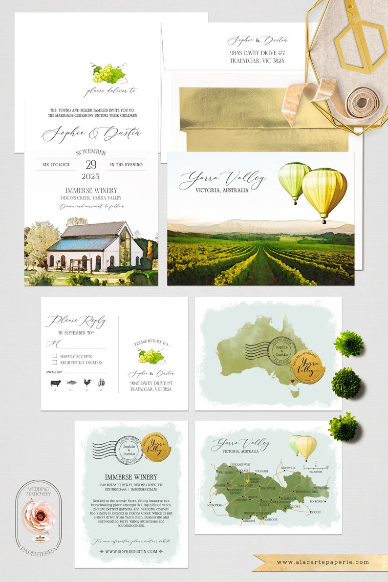 Australia Yarra Valley VIC Winery Wedding Watercolor Illustrated Destination Wedding Invitation Green Gold Deposit Payment image 6