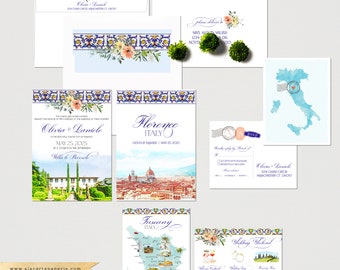 Florence Tuscany Italy Villa Piazzole Destination Wedding Invitation Set Watercolor Illustrated European Wedding Invitation Deposit Payment