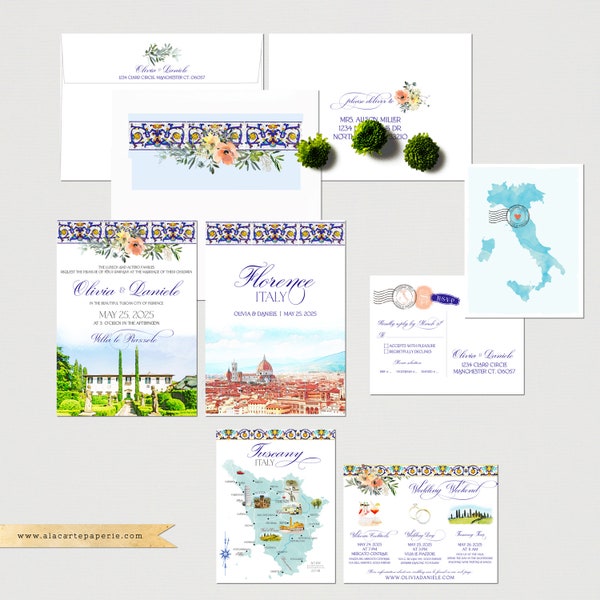 Florence Tuscany Italy Villa Piazzole Destination Wedding Invitation Set Watercolor Illustrated European Wedding Invitation Deposit Payment