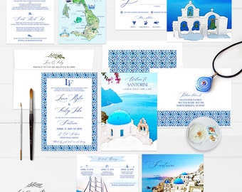 Santorini Greece Destination Wedding Invitation Greek Island watercolor illustrated Invitation Set European wedding cards - Deposit Payment