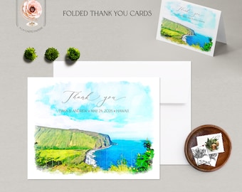 Hawaii Islands Thank you Card Postcard or Folded Cards Watercolor Illustrated Destination Wedding Hawaiian Big Island Oahu Maui Kauai USA