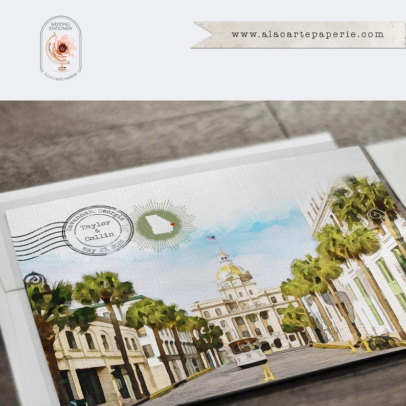 May include: A rectangular wedding invitation card featuring a watercolor illustration of a Savannah, Georgia street scene with palm trees, a domed building, and a trolley. A postmark stamp displays the text Taylor & Collin May 23, 2026.