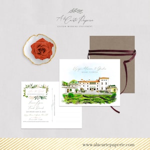 Florida Miami Vizcaya Museum Gardens Destino casamento salve a data cartão postal aquarela convite ilustrado Depósito Pagamento