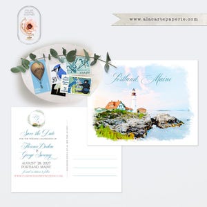 Portland Maine US Destination Wedding Save the Date Watercolor Illustrated Save the date card Lighthouse Coastal Maritime PRINTED or DIGITAL