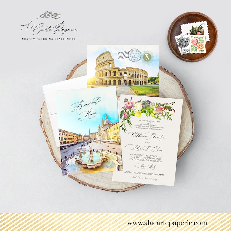 Deposit Payment Rome Italy Destination Wedding Invitation Roma Italian watercolor illustrated wedding invitation Navona Colosseum