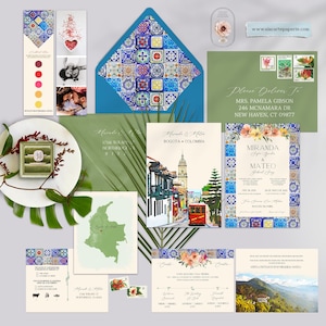 Bogota Colombia Destination Wedding Invitation S-America Bilingual English Spanish Colombian Watercolor Illustrated Invites DEPOSIT Payment