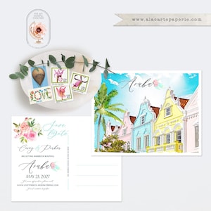 Aruba Oranjestad Caribbean Destination Wedding Save the Date Postcard Caribbean Wedding Invitation Watercolor Illustrated PRINTED or DIGITAL