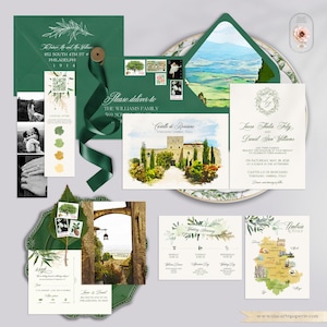 Umbria Italy Castello di Rosciano Assisi Watercolor Illustrated Italian Destination Wedding Invitation set - Deposit Payment