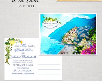 Positano Amalfi Coast Italy Illustrated Destination wedding Save the Date invitation postcard watercolor drawing Deposit Payment